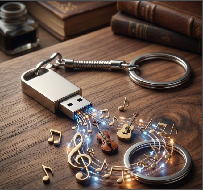 Pendrive Modão Raiz com chaveiro sobre mesa de madeira